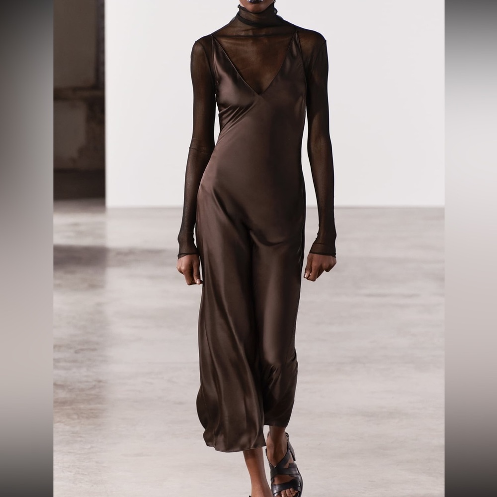 Brown satin dress with tie back